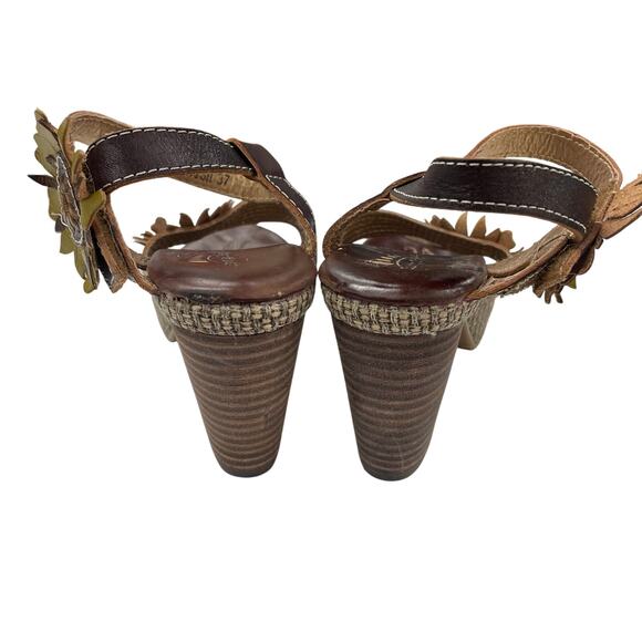 Spring Step Lavish Floral Applique Leather Block Heel Sandal Brown 37 / US 6.5 - Picture 5 of 8